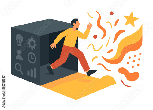 Conceptual illustration of a young hispanic male transitioning from monotony to creativity