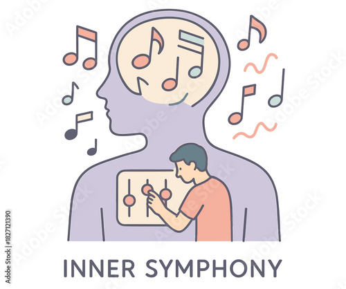 Inner symphony illustration of man adjusting sound controls within human silhouette