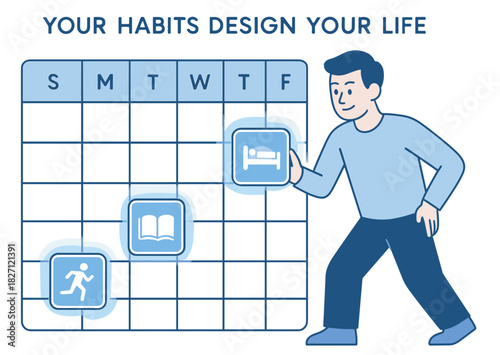 Young male planning weekly habits with exercise, reading, and rest
