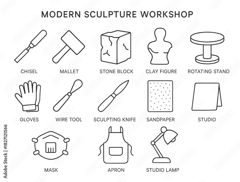 Fototapeta premium Modern sculpture workshop tools: chisel, mallet, clay figure, and more