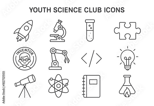 Youth science club icons: rocket, microscope, test tube, puzzle, robotics, telescope