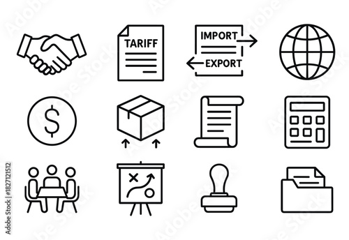 Business and trade icon set featuring tariff, import, export, and finance elements