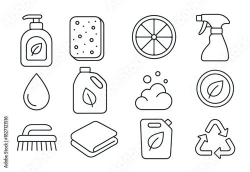 Eco-friendly cleaning icons: soap, sponge, spray bottle, recycle symbol