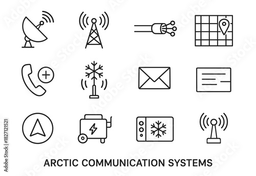 Arctic communication systems: satellite, antenna, fiber optics, navigation icons