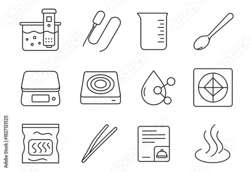 Outline icons of kitchen and lab tools including beaker and scale