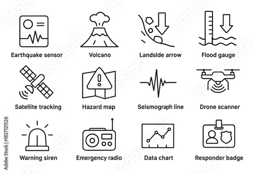 Disaster management icons: earthquake, volcano, flood, satellite, drone, emergency radio
