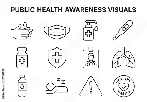 Public health awareness icons: hygiene, safety, wellness, medicine and health habits symbols