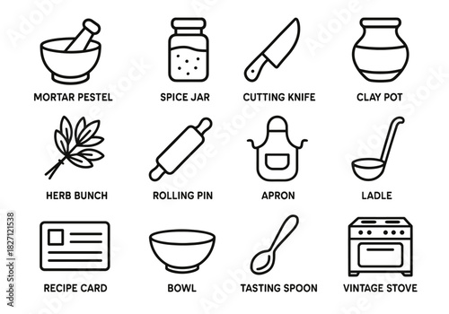 Kitchen utensils and equipment icons: mortar, spice jar, knife, clay pot, herb bunch