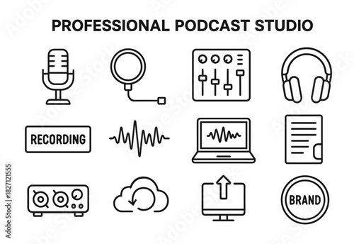 Podcast studio equipment icons: microphone, headphones, mixer, laptop, recording symbols