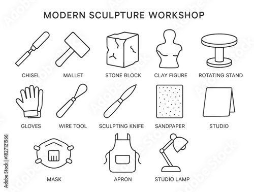 Modern sculpture workshop tools: chisel, mallet, clay figure, and more
