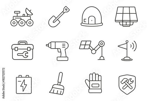 Outline icons of mars rover tools and equipment featuring satellite, tools, dome, and solar panels