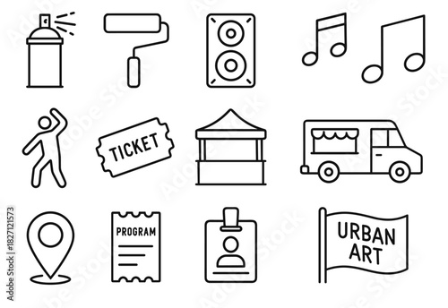 Urban art festival icons featuring music, food, tickets, and spray paint