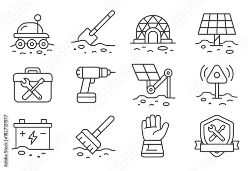 Set of icons for mars exploration tools and renewable energy solutions