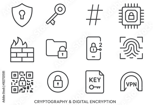 Cryptography and digital encryption icons: security, firewall, vpn, key, fingerprint