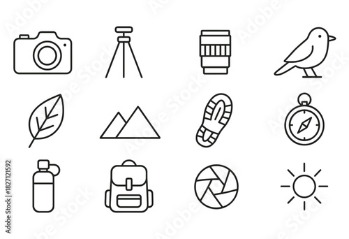 Outdoor adventure icons: camera, tripod, lens, bird, leaf, mountains, footprint, compass, bottle, backpack, shutter, sun