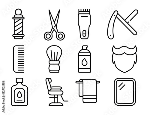 Barber tools icon set: razor, scissors, mirror, towel, comb, clip, brush, lotion, chair