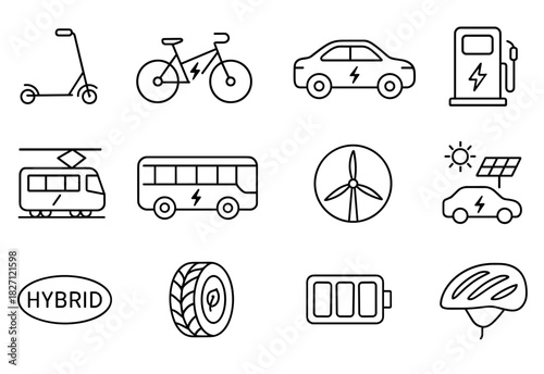 Eco-friendly transportation and renewable energy icons: bicycle, electric car, wind turbine, solar panel