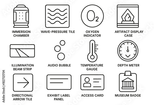 Black and white science and museum equipment icons
