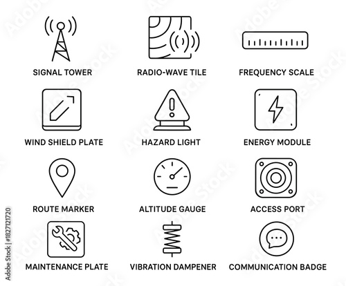 Technological icons: signal, radio, hazard, energy, route, altitude, vibration, communication