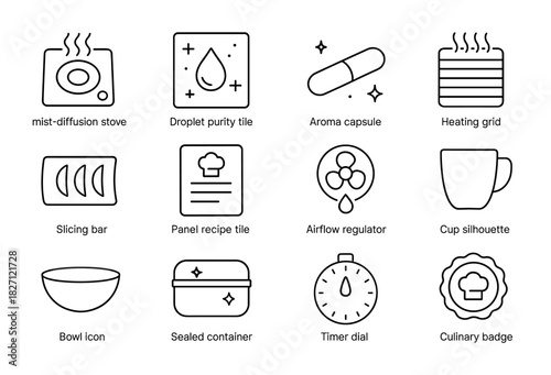 Collection of kitchen and cooking icons featuring appliances and utensils