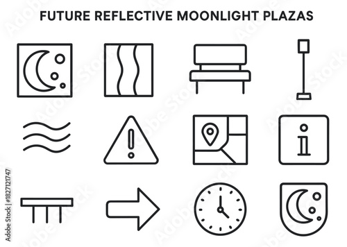 Futuristic urban icons for moonlit parks and plazas with signage and directions