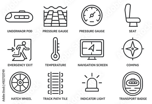 Submarine control icons: emergency exit, navigation screen, compass, indicator light, hatch wheel