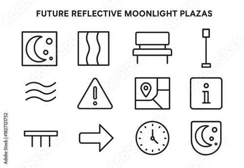 Black and white icon set: urban infrastructure and navigation symbols