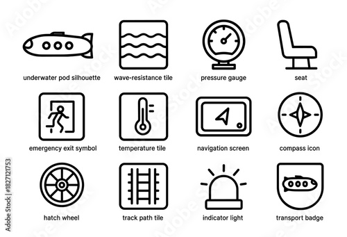 Transportation icon set: submarine, navigation, safety, indicators, seats