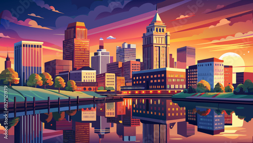 Very beautiful sunset panorama showcasing Providence’s downtown skyline reflected on the calm Providence River, with modern and historic buildings bathed in warm evening light, creating a serene New 