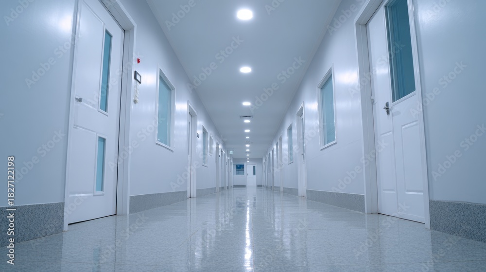 Fototapeta premium A modern, well-lit corridor featuring doors on either side, creating a clean and minimalist atmosphere.