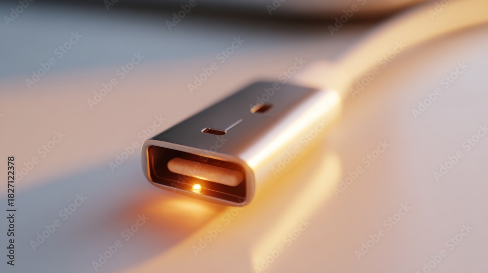 Fototapeta premium Close-up of a USB-C connector with a glowing LED indicator, showcasing modern technology and design.