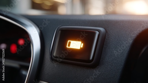 Close-up of a car dashboard battery warning light signaling a low battery state.
