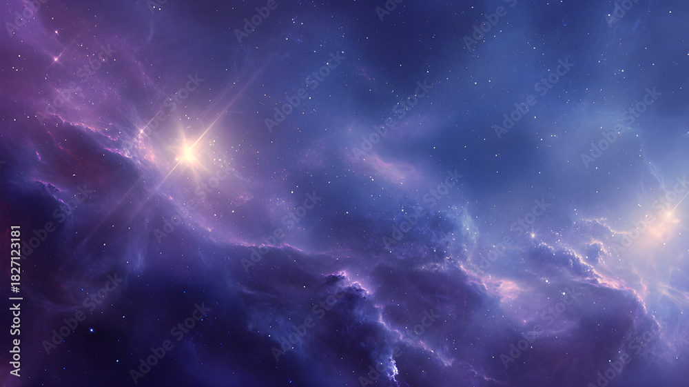 Fototapeta premium A scene of a deep cosmic environment in blue and purple hues, and illuminated nebulae, soft swirling space dust, vibrant stars with flares, ethereal gradients, majestic galaxies, sci-fi atmosphere