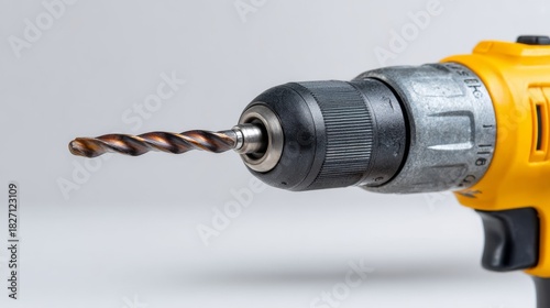 Close-up of a power drill with a twisted drill bit, emphasizing its design and functionality.