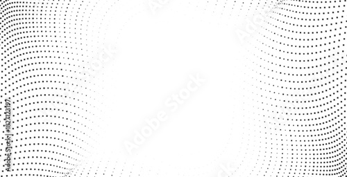 Abstract halftone swirl pattern with curved dotted waves surrounding open white space, ideal for modern minimal layouts, tech visuals, posters, and elegant digital design