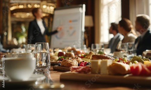 Gender-balanced European business group meeting during an elegant business breakfast. Presenter points at flip chart diagrams. Soft focus on detailed table elements (coffee, pastries, sandwiches).