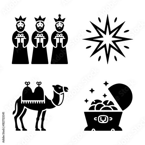 Journey of the Magi Iconography: A collection of symbolic icons, including the Three Wise Men bearing gifts, a guiding star, a camel, and a treasure chest, rendered in striking black and white.