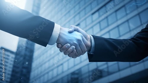 Professional Handshake Against Modern Corporate Building in Blue Tones, Symbolizing Business Deal and Partnership Success