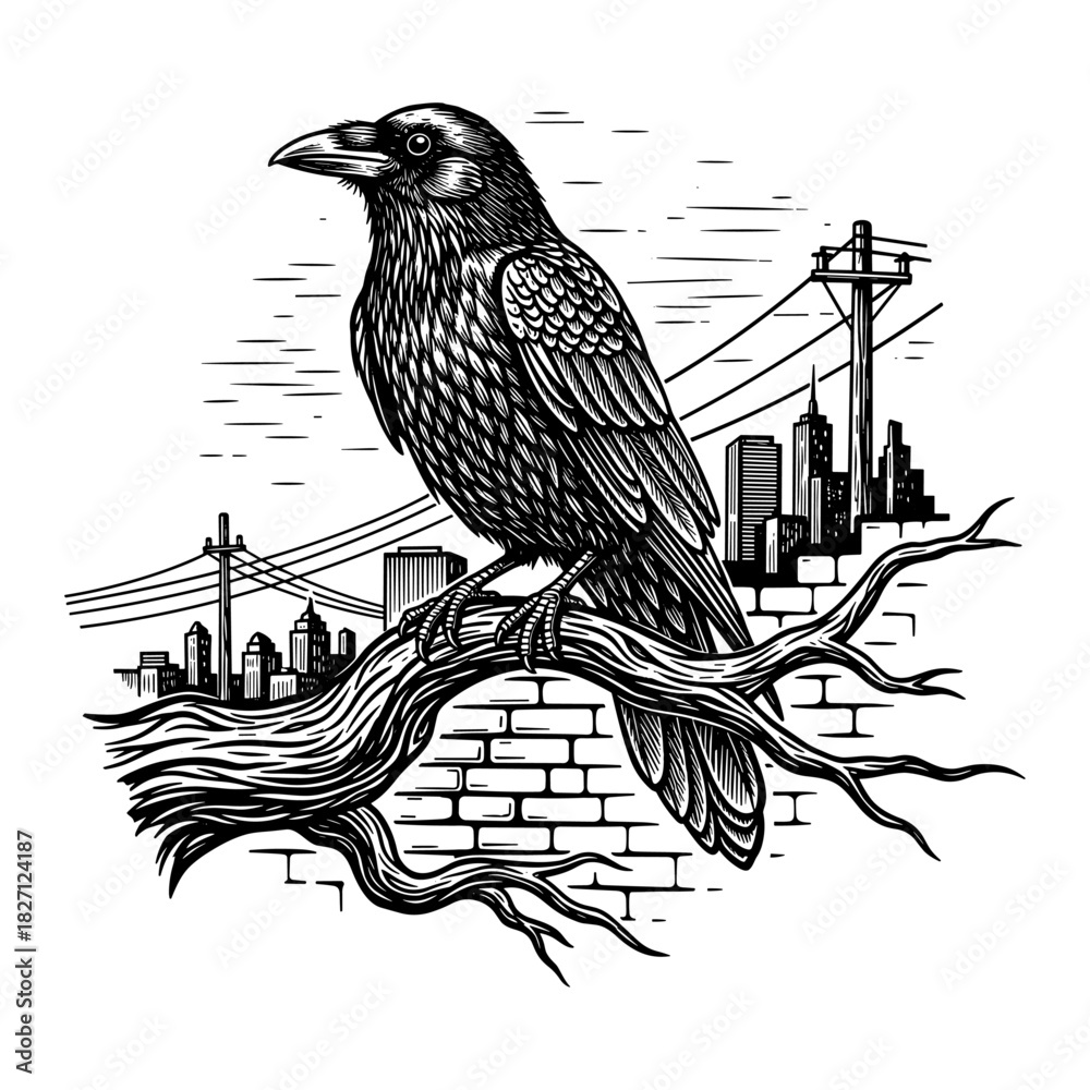 Obraz premium Raven on branch with city skyline in line art