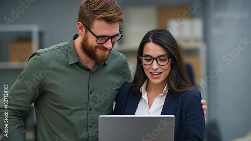 Happy Diverse Business Colleagues Collaborating on Laptop in Modern Office: Professional Team Working Together with Positive Interaction