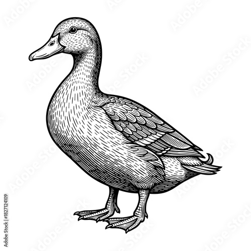 Duck in vintage line art style