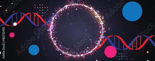 Futuristic plexus hexagons, DNA strands, connected neural technology background