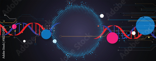 Futuristic plexus hexagons, DNA strands, connected neural technology background