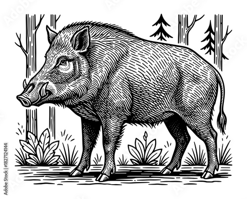 Wild boar in forest setting in line art