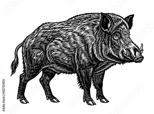 Wild boar in vintage line art style