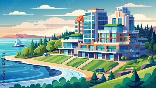 Very beautiful coastal scene featuring a large modern condo complex rising along the shoreline, overlooking calm waters, surrounded by soft greenery and a peaceful New England seaside atmosphere.