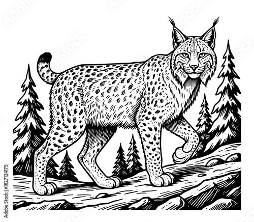 Lynx in forest setting in vintage line art