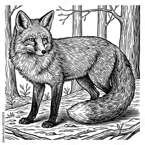 Fox in forest landscape in vintage line art