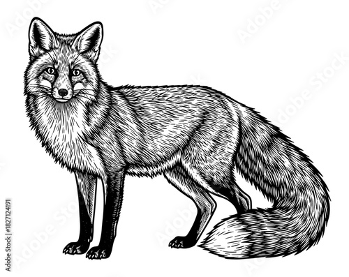 Fox in vintage line art style