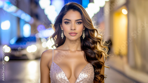 Beautiful young fashion model dressed in a stylish evening gown on her way to the local opera for cultural delight